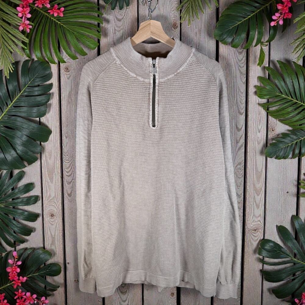 Tommy Bahama Men's XLT Tall Beige L/S Quarter Ziop Waffle Knit Collared Sweater